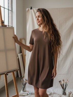 Harper & Me Brown Faux Suede Short Sleeve Mini Raw Hem Dress Size M